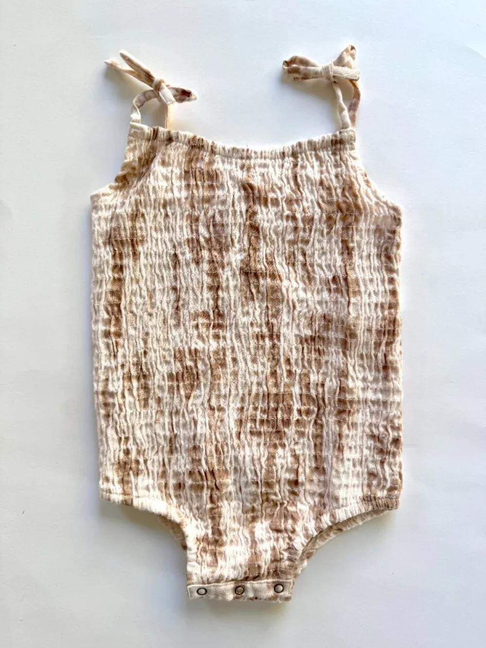 Kate Quinn Smocked Gauze Tie Strap Bodysuit Tan Tie Dye 6-12M